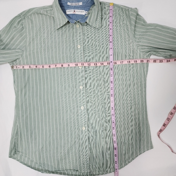 Vintage Tommy Hilfiger Green White Striped Button-Down Shirt Size Medium - Picture 5 of 9